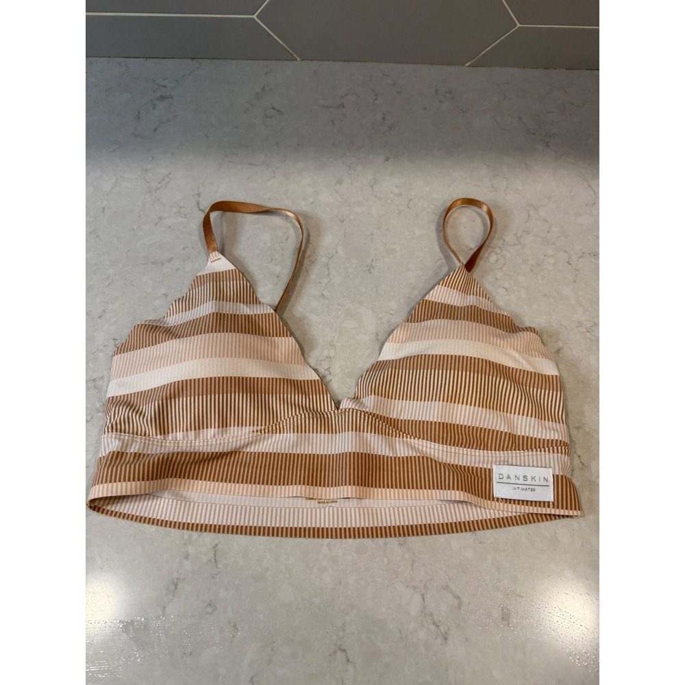 Danskin Intimates Brown Striped Wireless Bralette V-Neck Adjustable Straps L